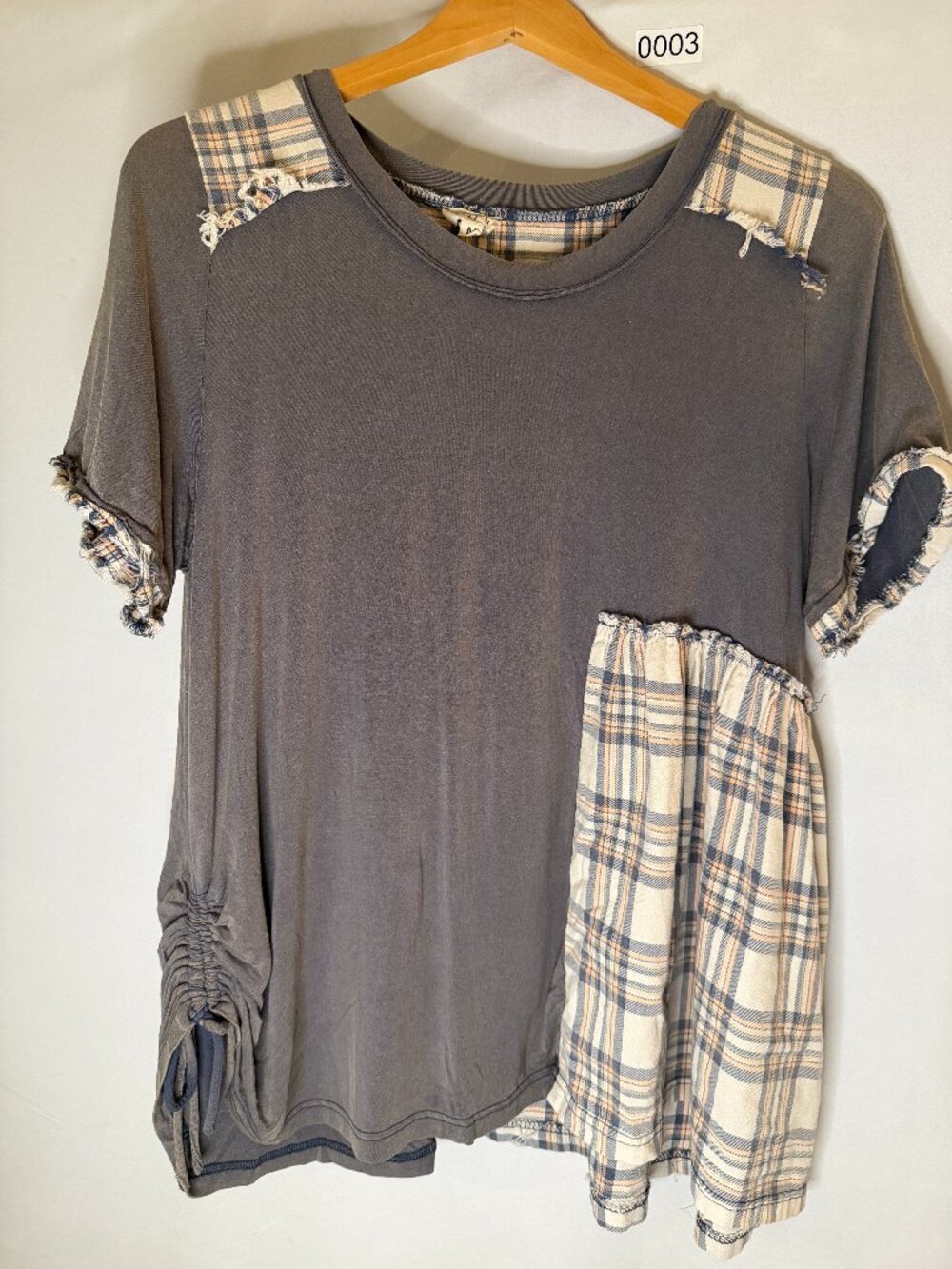 POL Gray Plaid Patchwork Asymmetrical Boho Tunic Top Size M